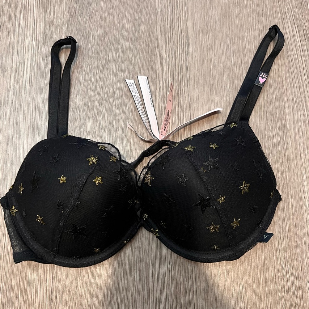 Victoria’s Secret Black and Gold Star Pattern Bra